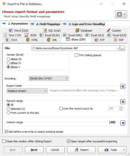 Example of Exporting Data to dBase Exporting Data to dBase